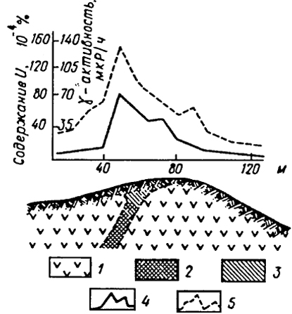 Рис. 14.1. Результаты пешеходной гамма-съемки и уранометрической съемки на участке развития ореола рассеяния урана в элювиально-делювиальных отложениях (по Ветрову): 1 - кварцевые порфиры; 2 - урановое рудное тело; 3 - ореол рассеяния; 4 - содержание урана в металлометрических пробах; 5 - γ-активность
