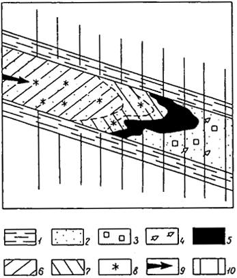 Рис. 3.8. Схема образования ролла (Каширцева, 1970): 1 - глинисто-алевролитовые породы; 2 - песчаники; 3 - пирит; 4 - растительные остатки; 5 - урановое оруденение; 6 - зона полного пластового окисления; 7 - зона частичного пластового окисления; 8 - гидроксиды железа; 9 - направление движения вод; 10 - неизмененные сероцветные породы