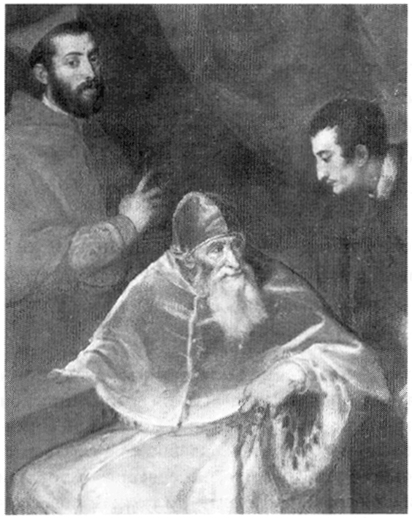 Тициан. Папа Павел III Фарнезе с племянниками. Фрагмент